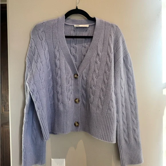 Zara Lavender Cable Knit Cardigan Cropped Grandpa Sweater Soft Cozy Scandi 6 - Picture 3 of 7